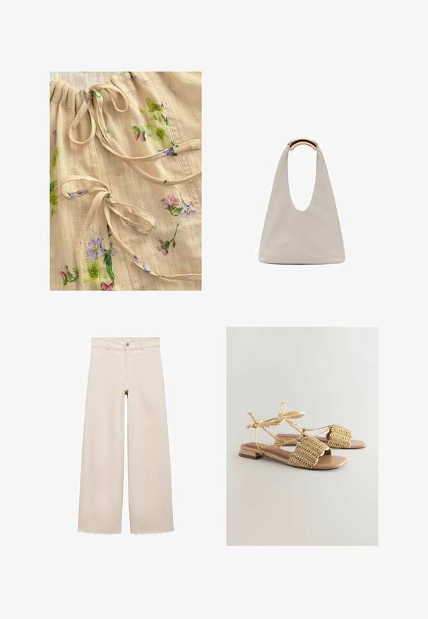 Bežani materijal s cvjetnim uzorkom u ljubičastoj i zelenoj boji. Sadrži naborani dekolte s trakama i suptilne teksturirane pruge. Lagana i nježna na dodir.; Bež traperice širokih nogavica s visokim strukom, s kopčanjem na gumb, prednjim džepovima i strganim rubovima. Izrađene od trapera.; Ravne sandale s wove gornjim dijelom od slame u zlatnim tonovima, s otvorenim prstima i vezanjem oko gležnja, postavljene na nisku blok petu.; Svijetlosivi kožni torba s oblikom u slovo U i zakrivljenim metalnim drškom. Glatka tekstura s minimalnim šavovima i bez vidljivih uzoraka.
