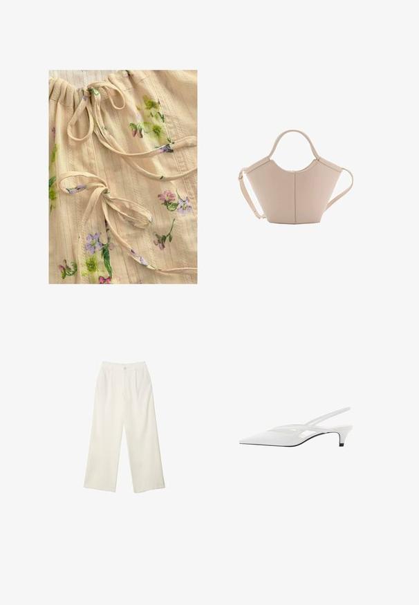 Beżowa bluzka z tkaniny w kwiatowy wzór w odcieniach fioletu i zieleni. Posiada marszczony dekolt z trokami oraz subtelne teksturowane paski. Lekka i miękka.; Spodnie z szerokimi nogawkami w kremowej tkaninie o gładkiej fakturze, z pojedynczym guzikiem z przodu, subtelnymi plisami i wysokim stanem.; Biała szpilka na odkrytej pięcie z ostrym noskiem, charakteryzująca się gładką cholewką, subtelnymi wycięciami i niskim obcasem w kształcie bloku. Czarna podeszwa podkreśla design.; Beżowa skórzana torebka o unikalnym kształcie, z dwoma krótkimi uchwytami i długim, regulowanym paskiem. Gładka tekstura z minimalną ilością elementów metalowych.