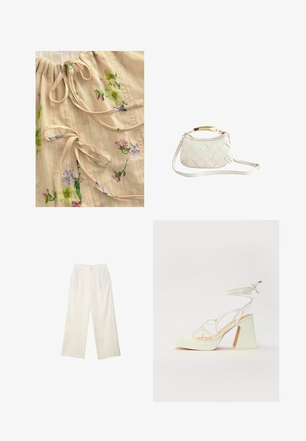 Bežna bluzica s cvetnim vzorcem v vijolični in zeleni barvi. Ima zbrano ovratnico s trakovi in subtilne teksturirane proge. Lahka in mehka.; Hlače širokih nogavic iz kremaste tkanine z gladko teksturo, z enim sprednjim gumbom, diskretnimi plisami in visokim pasom.; Bela sandala na visokih petah s debelim petam, ki ima obliko trakcev in vezanje okoli gležnja. Gladka tekstura z platformo spredaj za dodatno višino.; Bela pletena usnjena torbica z zlatom obarvanim ročajem, odstranljivim naramnim trakom in zaobljenim dnom. Ima zadrgo na vrhu.