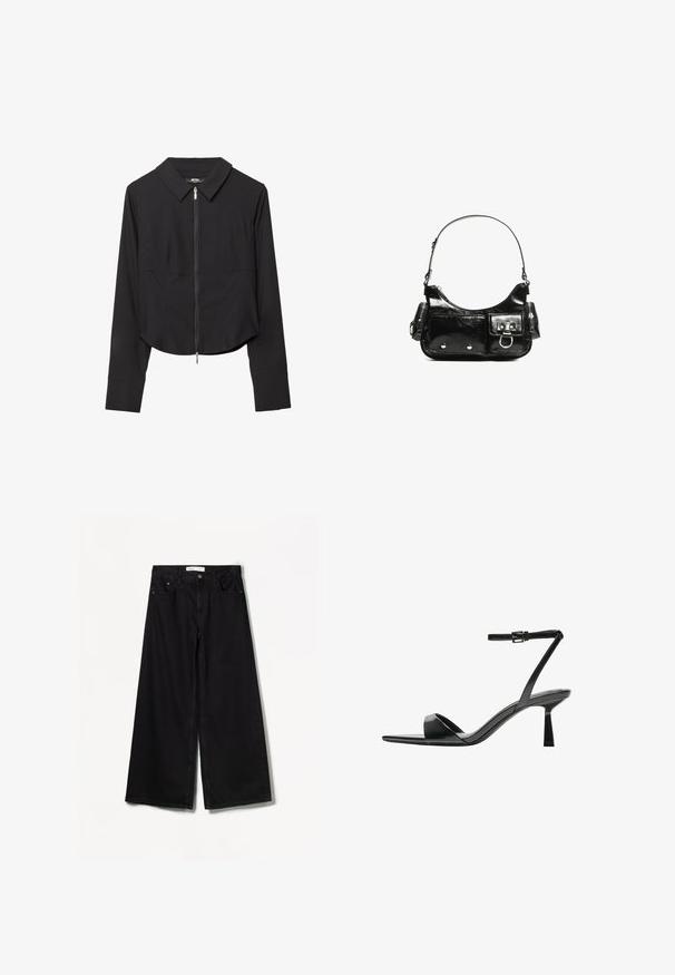 Zwarte cropped jas met kraag, rits aan de voorkant, lange mouwen en een gladde textuur. Eenvoudig ontwerp zonder zichtbare patronen of accenten.; Bershka WIDE-LEG - Wide leg - black; Bershka Sandalen met hoge hak - black; Zwarte laarzen in lakleer met een gebogen vorm, één schouderband, voorvakken en accenten in zilverkleurig metaal.
