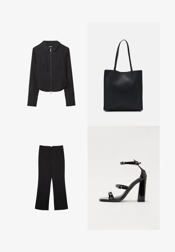 Giacca nera croppata con colletto, chiusura frontale con zip, maniche lunghe e texture liscia. Design semplice senza motivi o accenti visibili.; Pantaloni neri a gamba dritta, con tasche frontali e spacchi laterali all'orlo. Realizzati in tessuto morbido e liscio. Adatti a diverse occasioni.; Sandali con tacco in vernice nera, con punta squadrata, cinturini alla caviglia e fibbie in argento. Presentano un tacco a blocco spesso per maggiore stabilità.; Borsa tote in pelle nera con texture liscia, forma rettangolare e due manici lunghi. Nessun hardware o decorazione visibile.