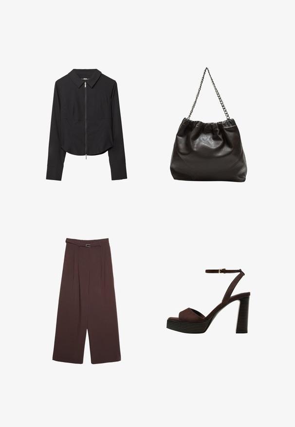 Veste noire courte avec un col, fermeture éclair à l'avant, manches longues et texture lisse. Design simple sans motifs ni accents visibles.; Stradivarius WIDE-LEG WITH BUCKLE DETAIL - Pantalon classique - dark brown; Sandale à talons hauts en suede marron avec un bout ouvert, une bride de cheville réglable et une semelle de plateforme rayée.; Sac en cuir marron avec un haut froncé et une bandoulière en chaîne. Texture lisse avec une finition brillante et des coutures subtiles sur les côtés.