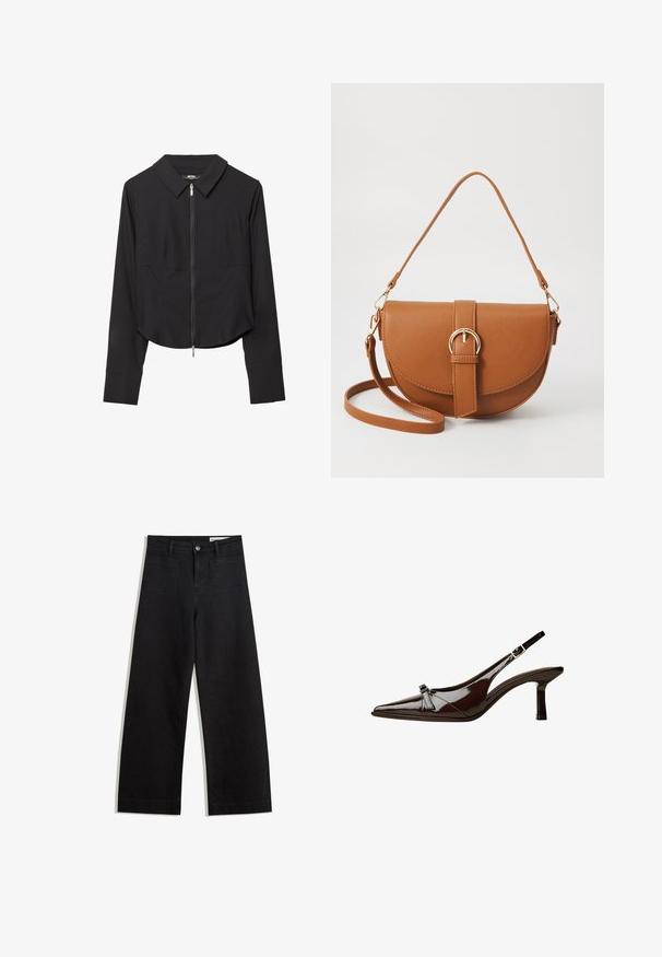 Giacca nera croppata con colletto, chiusura frontale con zip, maniche lunghe e texture liscia. Design semplice senza motivi o accenti visibili.; Pantaloni in denim neri a gamba larga con vita alta, dotati di tasche anteriori e posteriori, cuciture a punto, e chiusura con bottone. Texture liscia.; Scarpa slingback in pelle verniciata marrone con punta appuntita, tacco basso e un accentuato fiocco decorativo nella parte anteriore. Texture liscia e lucente.; Borsa a tracolla in pelle marrone con forma curvata, hardware dorato e un dettaglio con fibbia. Presenta una tracolla rimovibile.