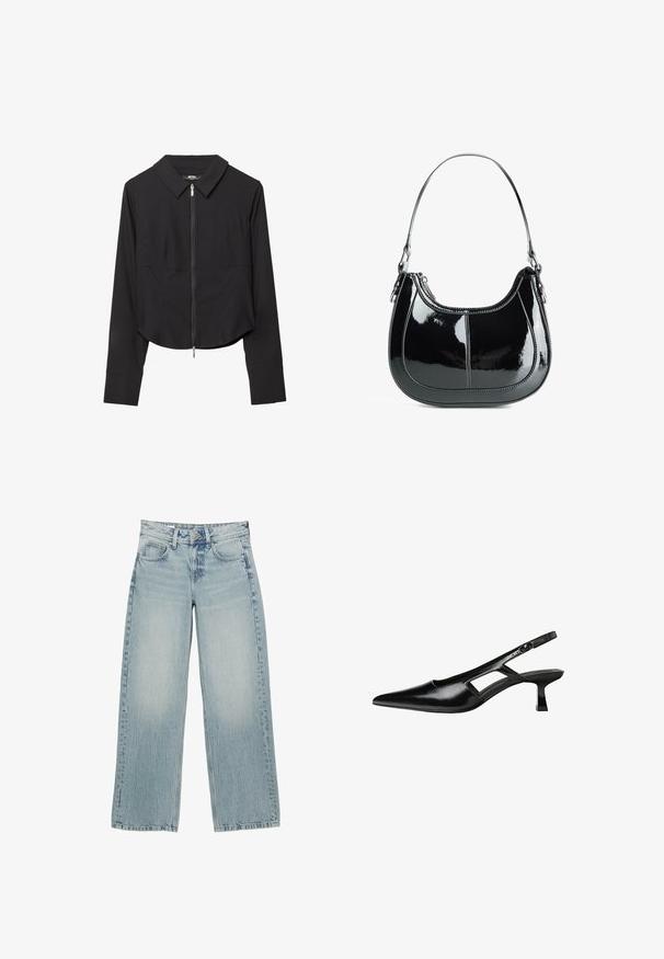 Black cropped jacket with a collar, front zip closure, long sleeves, and smooth texture. Simple design with no visible patterns or accents.; Light blue denim wide-leg jeans with a high waist, featuring five pockets, a button closure, and subtle fading for a worn effect.; Black patent leather slingback heels with a pointed toe, cut-out side design, and a small square heel. Smooth texture with minimal accents.; Black patent leather handbag with a curved design, zip closure, and a single shoulder strap featuring silver-tone hardware and stitching accents.