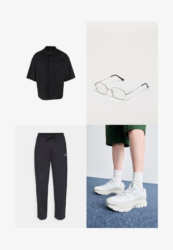 Lyhytnäppärinen musta paita, joka on valmistettu kevyestä kankaasta. Tässä paidassa on napitettava etuosa ja klassinen kaulus, sekä rento, laatikkomainen istuvuus.; Musta puuvillapaita lyhyillä hihoilla, ympyräkaula-aukolla, jossa on pieni suorakulmainen logo, jossa lukee "NIKE AIR" valkoisella vasemmassa rinnassa.; Mustat verkkareita pehmeästä kankaasta, jossa on joustava vyötärö, nyöri ja pieni Nike-logo vasemmassa reidessä.; Valkoiset urheilukengät, joissa on tekstuuriset päällysteet, paksu pohja ja harmaat yksityiskohdat. Yhdistetty valkoisiin putkisukkiin ja vihreisiin shortseihin sinisellä pinnalla.; Metalliset silmälasit, joissa on soikea kehys, hopeiset reunat ja kirkkaat linssit. Kapeat, suorat varret mustilla päillä, minimalistinen muotoilu.