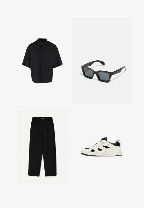 Korte mouwen zwarte shirt gemaakt van een lichte stof, met een knoopsluiting aan de voorkant en een klassieke kraag, met een ontspannen, vierkante pasvorm.; Zwarte, wijde broek van een lichtgewicht stof. Voorzien van een elastische tailleband en een soepele textuur. Geen zichtbare patronen of hardware.; Witte en zwarte sportschoenen met een gestructureerde zool, voorzien van uitsnijdingen aan de zijkanten en veters, en een gevoerde achterkant voor ondersteuning.; Zwarte rechthoekige zonnebril met donkere lenzen. Kunststof frame met een glanzende afwerking, met een brede neusbrug en licht taps toelopende pootjes.