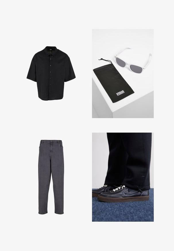 Kortermet svart skjorte laget av lett stoff, med knappesker foran og klassisk krage, i en avslappet, boksformet passform.; Grå denimbukser med en avslappet passform, med en rett ben-design, frontlommer og beltehemper. Glatt tekstur med minimal falming.; Nike Sportswear KILLSHOT 2 LTR PRM OPP2 - Joggesko - black sail baroque brown mtlc dk grey; Hvite plast solbriller med grå linser ved siden av en svart stoffpung med en hvit "URBAN CLASSICS" logo i fet skrift.