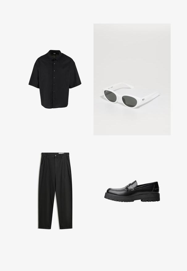 Korte mouwen zwarte shirt gemaakt van een lichte stof, met een knoopsluiting aan de voorkant en een klassieke kraag, met een ontspannen, vierkante pasvorm.; Zwarte katoenen broeken met een losse pasvorm, voorzien van een klassieke tailleband, voorplooien en zijzakken. Gladde structuur zonder patronen.; Zwarte leren loafer met een chunky profielzool en een decoratieve band over de bovenkant, weergegeven in het linkerzijprofiel op een witte achtergrond.; Witte zonnebril met ronde montuur en donkere glazen. Heeft een gladde plastic structuur en een klein logo op de poot.; Zilveren metalen polshorloge met een vierkante kast, witte wijzerplaat, Romeinse cijfers en een zilveren schakelarmband. Beschikt over een waterdicht ontwerp.