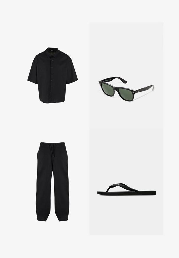Črna srajca s kratkimi rokavi iz lahkega materiala, z gumbi spredaj in klasičnim ovratnikom, z sproščenim in škatlastim krojem.; Črne trenirke z elastičnim pasom, vrvico in stranskimi žepi. Narejene iz mehkega materiala z udobnim krojem in s pripetimi gležnji.; Črne gumijaste japonke s teksturirano thong naramnico in preprostim ravnim podplatom, prikazane s strani na enobarvni svetli podlagi.; Črne plastične sončna očala z zelenimi lečami, kvadratni okvirji, srebrni detajl na obrvi in teksturirani ročaji. Blagovna znamka navedena na notranji strani ročaja.