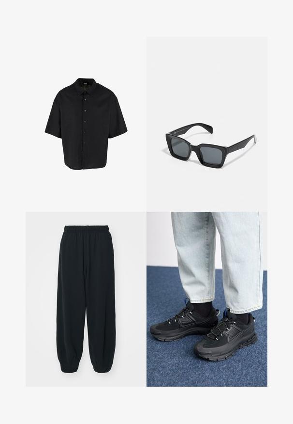 Krátky rukáv čierna košeľa vyrobená z ľahkého materiálu, s gombíkovým zapínaním vpredu a klasickým golierom, s uvoľneným, štvorcovým strihom.; Čierne tepláky s elastickým pásom, vo voľnom strihu, s manžetami na členkoch, hladkej textúry a bez viditeľných vzorov alebo kovových doplnkov.; Čierne športové topánky s textúrovanou tkaninou a gumovou podrážkou, so elastickými šnúrkami a modrým akcentom na päte. Nosia sa s svetlými riflami.; Čierne obdĺžnikové slnečné okuliare s tmavými sklami. Plastový rám s lesklým povrchom, s širokým mostíkom a mierne zúženými stranami.
