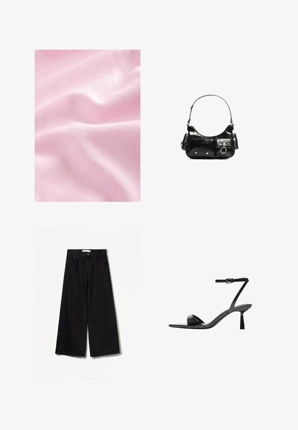 Világos rózsaszínű anyag, sima és selymes tapintással, finom fénylő felülettel, lágy redőkkel és finom, kötött mintával.; Bershka WIDE-LEG - Széles szárú - black; Bershka Magas sarkú szandálok - black; Fekete lakkbőr kézitáska ívelt formával, egy vállpánttal, elülső zsebekkel és ezüstszínű fémrészletekkel.