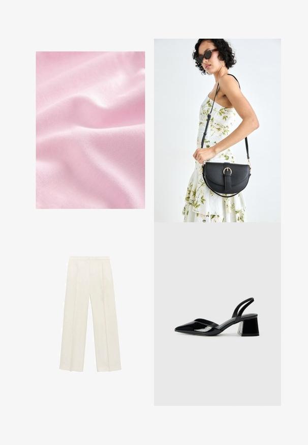 Lichtroze stof met een gladde, zijdezachte textuur en subtiele glans, voorzien van zachte plooien en een fijn, gebreid patroon.; Wijdgevallen broeken in een lichtcrème kleur. Gemaakt van een zachte stof met plooien aan de voorkant en zijzakken.; Zwarte gepatineerde leren slingback hakken met een spitse neus en een geometrische blokhak. Kenmerkt zich door een slank, minimalistisch ontwerp en een gladde textuur.; Zwarte leren handtas met een gebogen vorm, afneembare schouderband en gouden hardware. De tas heeft een klep met een gespsluiting.