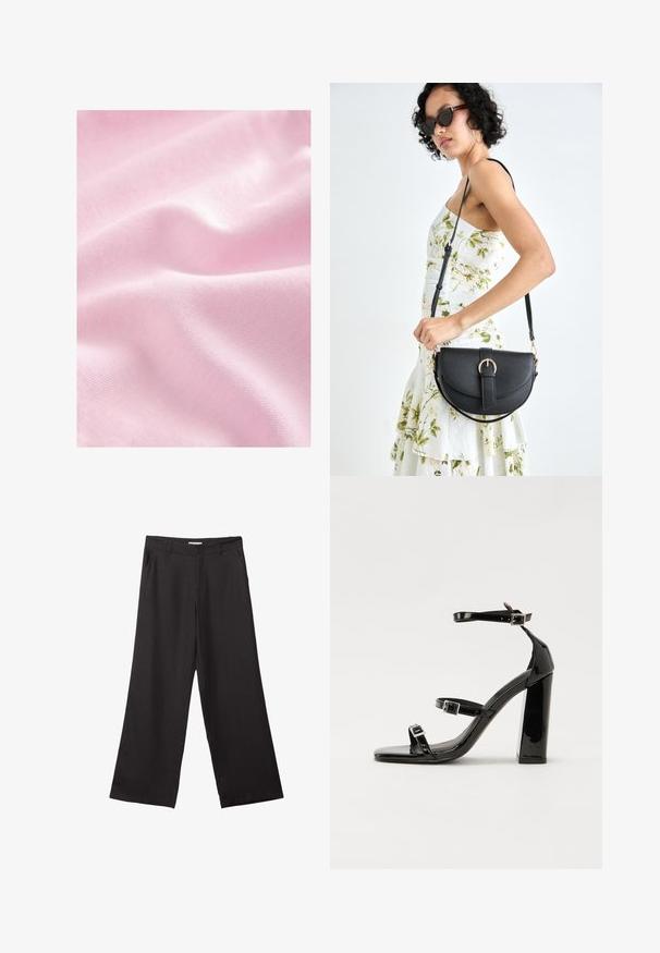 Light pink fabric with a smooth, silky texture and subtle sheen, featuring gentle folds and a fine, knitted pattern.; Black wide-leg trousers made of smooth fabric, featuring a front zipper and two side pockets, with a tailored fit and minimalistic design.; Black patent heeled sandals with a square toe, ankle straps, and silver buckles. Features a chunky block heel for stability.; Black leather handbag with a curved shape, detachable strap, and gold hardware. The bag features a flap with a buckle detail.