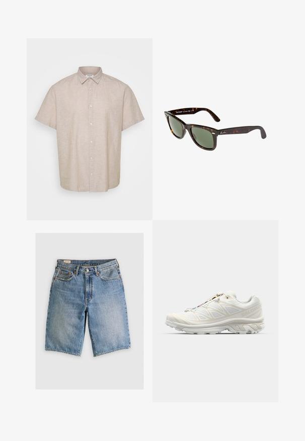 Srajca s kratkimi rokavi in ovratnikom v svetlo bež lanenem materialu. Ima gumbasto zapiranje spredaj ter ohlapen kroj z gladko, strukturirano površino.; Bela bombažna majica brez rokavov z okroglo izrezom, širokimi naramnicami in ravnim robom, ki se ponaša z gladko teksturo in brez vidnih vzorcev.; Jeans kratke hlače v svetlo modri barvi s klasičnim krojem. Imajo pet žepov, oranžne šive in robove brez obdelave.; Bela tekaška čevlja z zračnim mrežastim zgornjim delom, teksturiranimi detajli in oblazinjenim podplatom. Ima sistem hitrega vezanja za enostavno prilega.; Sončna očala Wayfarer s temno želvejo plastično ogrodje, zelenimi lečami in srebrnim logotipom Ray-Ban na tempeljih.