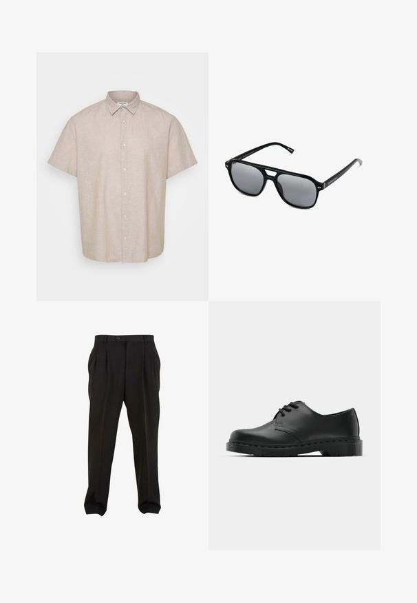 Košile s krátkým rukávem, límečkem v světle béžovém lnu. Má zapínání na knoflíky vpředu a volný střih s hladkým texturovaným povrchem.; Černé kalhoty z hladké tkaniny, se zapínáním na tlačítko v pase, předními sklady a zúženými manžetami u kotníků. Klasický elegantní střih.; Černé kožené oxfordy s šněrováním, zakulacenou špičkou, plochou gumovou podrážkou a jemným prošíváním podél svršku.; Černé sluneční brýle s obdélníkovými rámy, šedými tónovanými skly a designem s výřezem ve střední části. Hladký, lesklý plastový materiál, s úzkými stranami.
