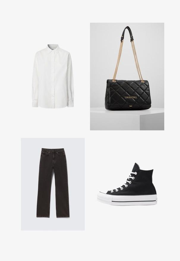 Biela dlhá košeľa s dlhým rukávom z bavlny, s klasickým golierom, zapínaním na gombíky a mierne zakriveným spodným okrajom.; Čierne džínsy so strižom rovného strihu, s prednými vreckami, pútkami na opasok a decentnými švy. Vyrobené z odolného bavlneného materiálu.; Čierne plátkové tenisky v štýle high-top s bielymi očkami, šnúrkami a gumovou podrážkou. Obsahujú textúrovanú špičku a čierno-biele pruhy.; Čierna prešívaná kožená kabelka so zlatým reťazovým popruhom a detailom loga. Obdĺžnikový tvar, hladká textúra, s uzatváraním na klapku.