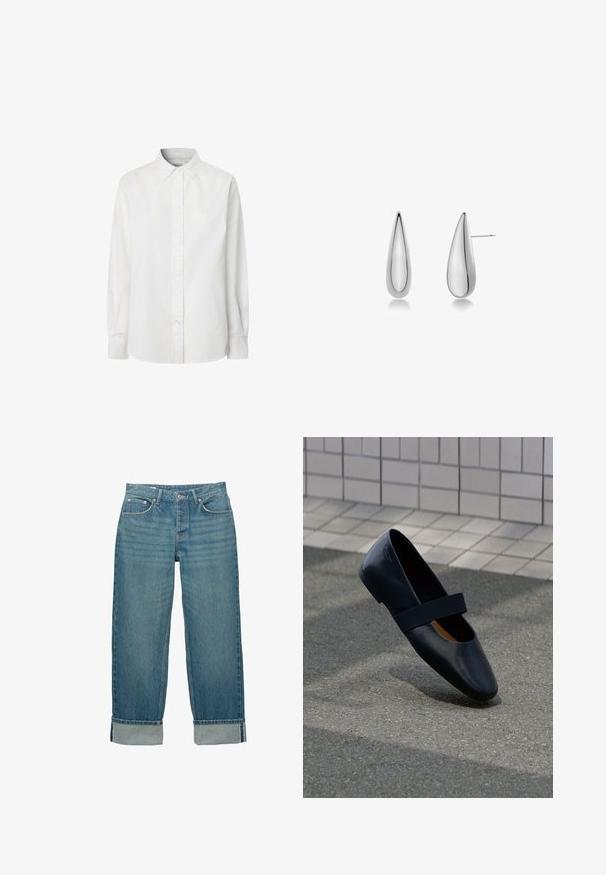 White long-sleeve button-up shirt made of cotton, featuring a classic collar, button placket, and a slightly curved hem.; Blue denim jeans with folded cuffs, front button and zipper closure, and five-pocket design.; Black leather flat shoe with a rounded toe, featuring a soft black elastic strap across the vamp. Smooth texture and minimal design.; Silver teardrop earrings with a smooth, reflective surface. Features a pointed tip and a standard post for secure wear.