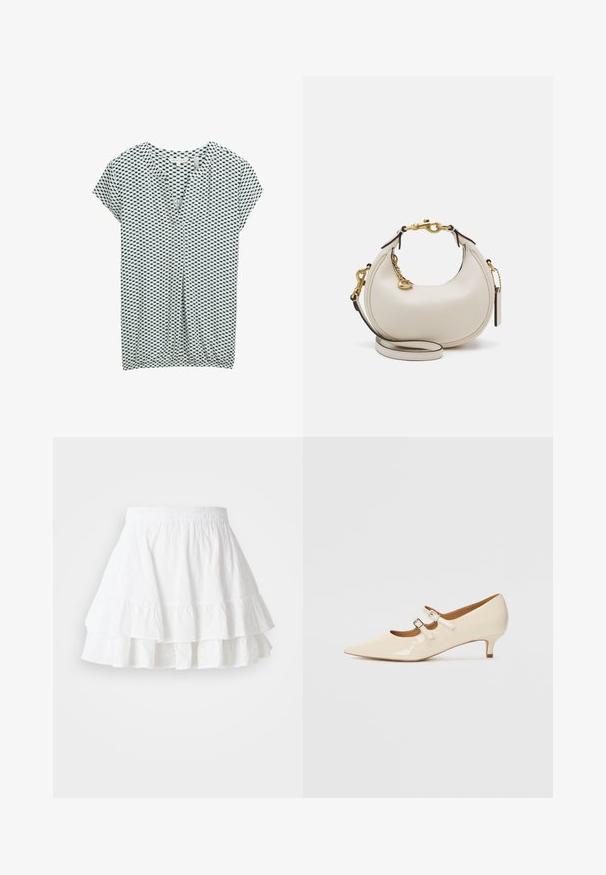 TOM TAILOR Tričko s potlačou - green white tile minimal; Biela sukňa v stupňoch vyrobená z ľahkého materiálu s výšivkou a volánkovým lemom. Obsahuje elastický pás pre pohodlie.; Béžové lakované Mary Jane topánky s dvoma nastaviteľnými prackami, špicatou špičkou a nízkym podpätkom. Hladká textura s lesklým povrchom.; Krémy kožená kabelka v polmesiacom tvare, so zlatou hardvérou, čiernymi akcentmi a odnímateľným popruhom. Obsahuje reťazový detail a tag.; Sada náušníc v zlatej farbe, ktorá obsahuje tri páry: textúrované oválne naušnice, naušnice so zvlneným dizajnom a veľké kruhové náušnice s vrstvenými drážkami.