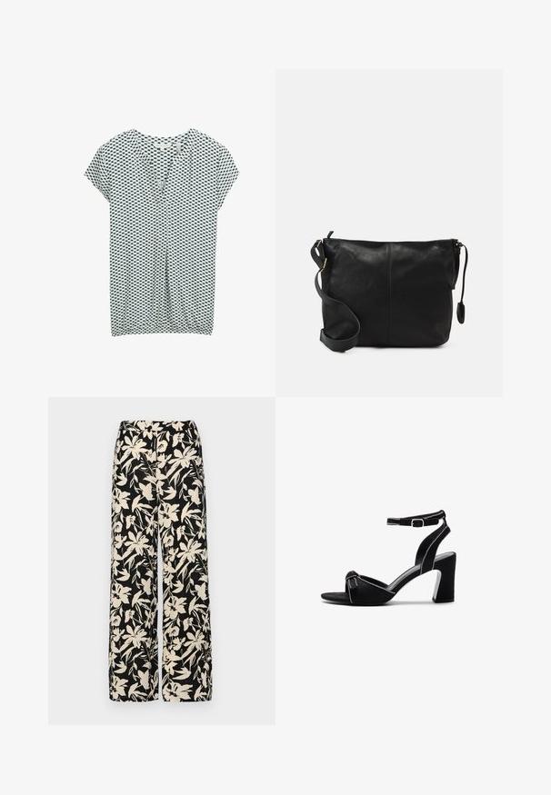 TOM TAILOR Print T-shirt - green white tile minimal; Black wide-leg pants with a cream floral pattern. Made of lightweight fabric, featuring a smooth texture and a high waistband.; Black suede heeled sandals with a wide block heel, adjustable ankle strap, open toe design, and contrasting stitched detailing.; Black leather crossbody bag with a flat shape, gold hardware accents, and an adjustable strap. Smooth texture with minimal stitching details.