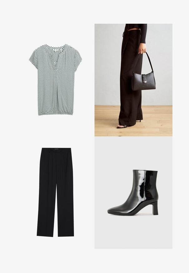 TOM TAILOR Potiskana majica - green white tile minimal; Črne hlače s ravnim krojem, ki imajo dva sprednja žepa in pas. Narejene so iz gladkega, lahkega materiala.; Črne lakirane gležnjarje z ošiljenim nosom in srednje visokim blokastim peto. Gladka tekstura in minimalističen dizajn.; Črna torbica z strukturirano obliko, gladko teksturo in kovinskim zaponko. Ujemajo se z širokimi črnimi hlačami in odprtimi sandali na lesenem tleh.