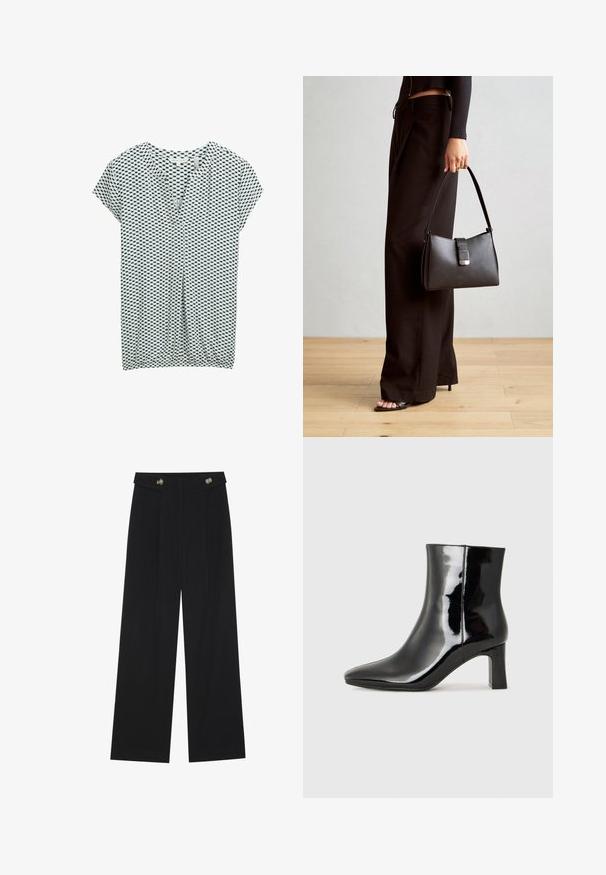TOM TAILOR T-shirt med print - green white tile minimal; Svarta vida byxor med hög midja, knäppdetaljer i midjan och framfickor.; Svart lackläder ankelboot med spetsig tå och en medelhög klack. Slät textur och minimalistisk design.; Svart handväska med strukturerad form, slät yta och metallspänne. Matchad med vida svarta byxor och sandaler med öppen tå på trägolv.