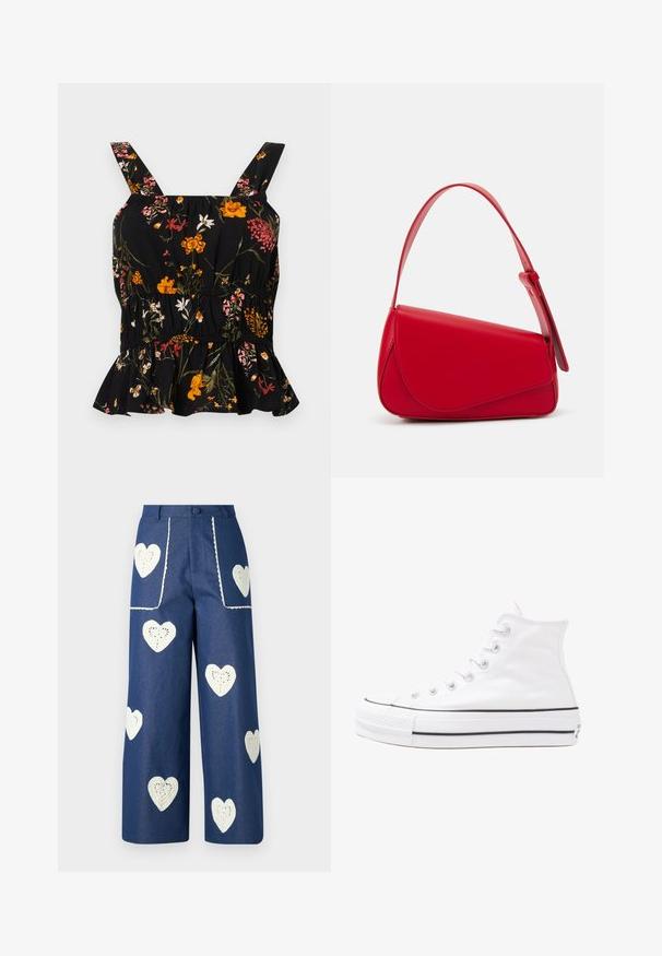 Mustmustärane lillemustriga peplum top, millel on reguleeritavad sangad; omab värvikat lillemustri roosa ja kollasena, kogutud vöökohta ja volangiga põhi.; Sister Jane HEART TO HEART - Sirgete säärtega teksad - blue denim; Valge kõrgem kangast tenniseking, millel on must kummist tald, ees kummist varvasetugi ja kuus aukku paelte jaoks, pakkudes puhta ja minimalistliku disaini.; Punane nahast käekott, millel on nurkadega geomeetriline disain. Omab ühte reguleeritavat rihma ja klappidega sulgemist, millel on õmblustega kaunistused.