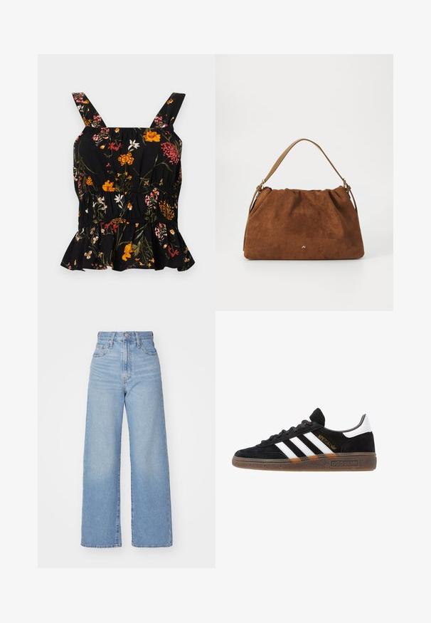 Melnas ziedu pepluma augšdaļa ar regulējamām siksnām; tam ir krāšņi ziedu raksti rozā un dzeltenā krāsā, saplacināta jostasvieta un volānu apakšdaļa.; Gaiši zili augstās jostas vidukļa platās bikses ar priekšējo pogu un rāvējslēdzēju, priekšējām un aizmugurējām kabatām uz baltā fona.; Melnas Adidas sporta kurpes ar baltām svītrām, zelta "Spezial" uzrakstu, gumijas zoli un baltu papēža daļu, attēlotas profila skatījumā.; Brūna zamšāda soma ar savilkšanas dizainu, kurai ir viena gaiši brūna ādas siksna un smalka zelta logo detaļa priekšpusē.