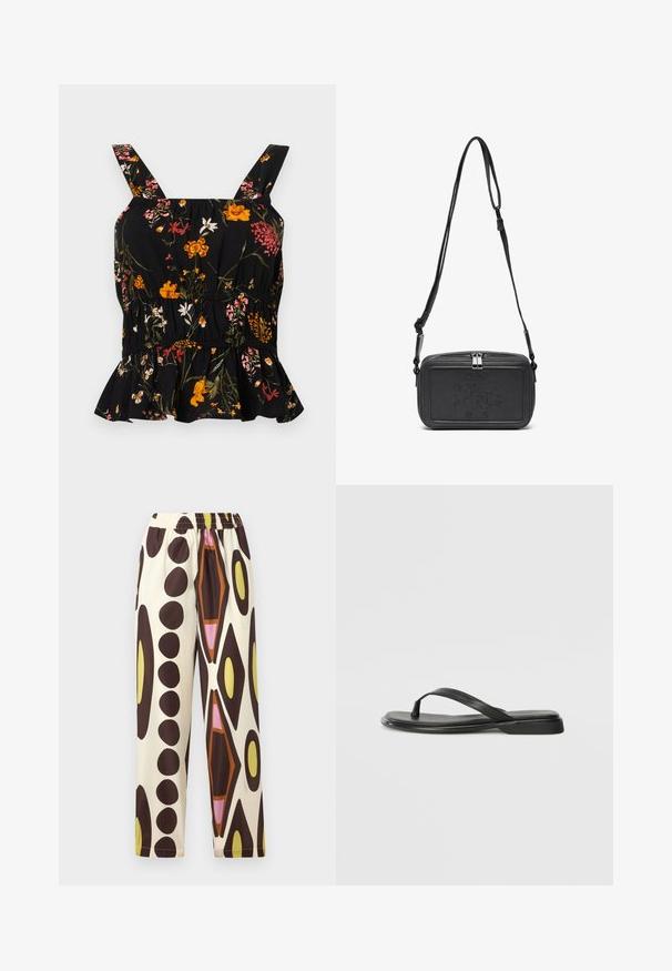 Mustmustärane lillemustriga peplum top, millel on reguleeritavad sangad; omab värvikat lillemustri roosa ja kollasena, kogutud vöökohta ja volangiga põhi.; Elastse püksid kerge kangaga, mille taust on kreemivärvi ja mis on kaunistatud suurte pruuni, kollase, roosa ja oranži geomeetriliste mustritega.; Musta sussumood, mis on valmistatud siledast nahast. Sellel on õhuke rihma disain ja lame tald minimaalsete joontega. Mingeid silmatorkavaid mustreid või aktsente ei ole.; Musternast mustriga nahast ristiõlgadega kott, millel on tõmbluku sulgemine, esiküljel on sissepressitud logo ja reguleeritav rihm. Sile tekstuur ja ristkülikukujuline kuju.