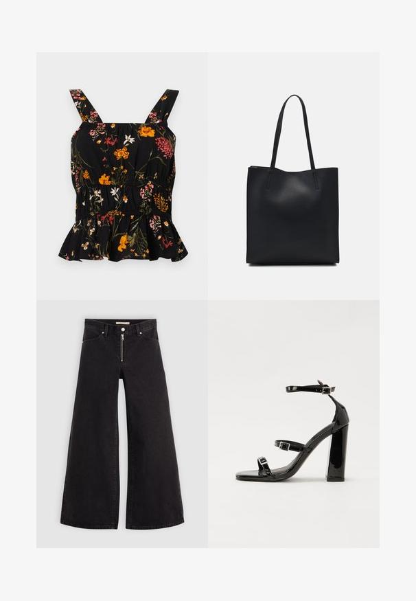 Fekete virágmintás peplum top állítható pántokkal; színes virágminták találhatók rajta pink és sárga színekben, ráncolt derékrész és fodros szegély.; Fekete denim széles szárú farmer, cipzáros elejével, öt zsebes kialakítással és diszkrét varrással. Sima textúra és laza stílus.; Fekete lakk magas sarkú szandál négyzet alakú orral, bokapántokkal és ezüst csatokat tartalmaz. Masszív blokk sarka a stabilitásért felel.; Fekete bőrtáska sima felszínnel, téglalap alakú, két hosszú füllel. Nincs látható fémkiegészítő vagy díszítés.
