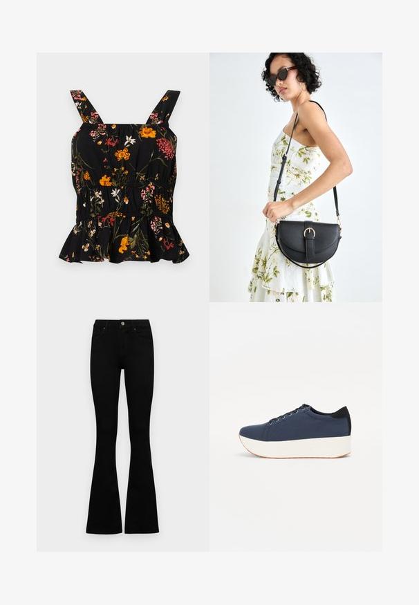 Top peplum negru cu imprimeu floral, cu bretele reglabile; are un model floral colorat în nuanțe de roz și galben, talie strânsă și tiv volănat.; Jeans negri cu talie înaltă, cu închidere prin nasture și fermoar, buzunare frontale și picioare evazate, așezați pe un fundal alb.; Sneaker albastru închis, cu un material texturat pe partea superioară, talpă platformă albă, vârf rotunjit și accent de călcâi negru. Dispune de șase găuri pentru șireturi.; Geantă din piele neagră, cu o formă curbată, curea detașabilă și accesorii aurii. Geanta are un capac cu un detaliu tip cataramă.
