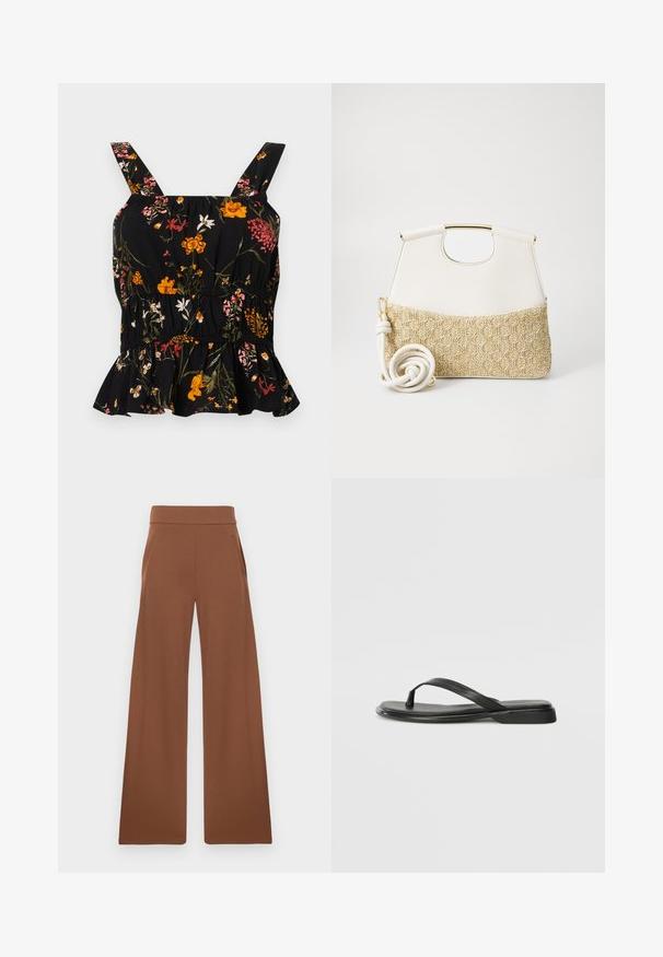 Top peplum nero con fiori e spalline regolabili; presenta vivaci motivi floreali in rosa e giallo, vita arricciata e orlo frastagliato.; Pantaloni a gamba larga marroni realizzati in un tessuto liscio e stretch. Presentano una vita alta e tasche laterali, progettati per un fit rilassato.; Infradito neri in pelle liscia, con un design a fascia sottile e una suola piatta dal profilo minimale. Nessun motivo o accento particolare.; Borsa a tracolla bianca in pelle con fondo in tessuto intrecciato crema dalla texture. Presenta un manico dorato e una tracolla bianca avvolta per maggiore versatilità.