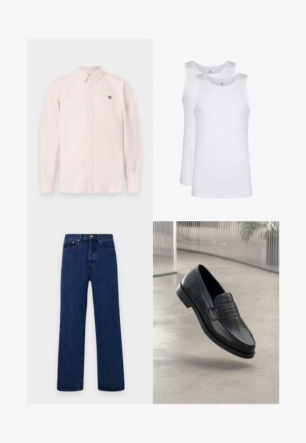 Gaiši rozā krekls ar garām piedurknēm, ar apkaklīti un melnu logotipa detaļu uz krūts. Izgatavots no viegla auduma.; Baltās kokvilnas bezpiedurkņu krekli, ar apaļu kakla izgriezumu, vienkārša tekstūra, izgatavoti no mīksta, viegla auduma. Parādīti divi eksemplāri.; Tumši zili džinsi ar taisnu kāju griezumu, kuriem ir oranža vīte, pogu aizdare un divas priekšējās kabatas ar kontrastējošām kniedēm.; Melns ādas mokasīns ar gludu tekstūru, smails purngalu un dekoratīvu siksnu pāri pakavsaitam. Viegls zole, minimāls dizains.
