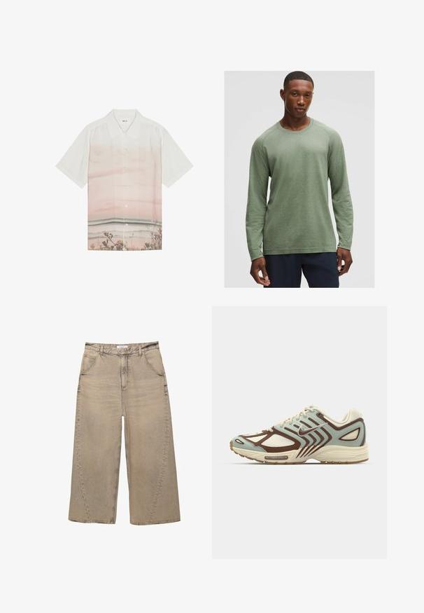 Short-sleeve shirt in white fabric featuring a gradient design with pale pink hues and a beach scene print at the bottom. Button closure.; Long-sleeve shirt in muted green with a textured pattern, round neckline, and raglan sleeves, made from soft, lightweight fabric.; PULL&BEAR MEGA BAGGY - Baggy Jeans - light grey; Light blue and brown sneaker featuring a textured mesh upper, layered design, reflective accents, and a cushioned cream midsole.