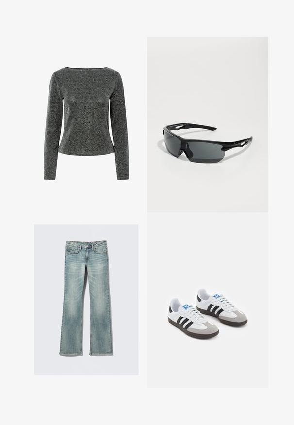 Top a maniche lunghe in tessuto nero strutturato con design aderente, caratterizzato da una scollatura ampia e finitura liscia.; Jeans in denim blu chiaro con leggera sbiaditura, cinque tasche, chiusura con bottone e gamba dritta, su sfondo bianco.; Scarpe sportive con tomaia in pelle bianca, punta in suede grigia e tre strisce nere. Presentano un logo blu sulla linguetta e una suola in gomma testurizzata.; Occhiali da sole sportivi neri con lenti curve, montatura in plastica leggera e tempie texturizzate. Design raffinato con pezzo nasale integrato.; Borsa a mano in pelle intrecciata nera con un design morbido, dotata di una tracolla annodata e di un piccolo chiodo decorativo in oro nella parte superiore.