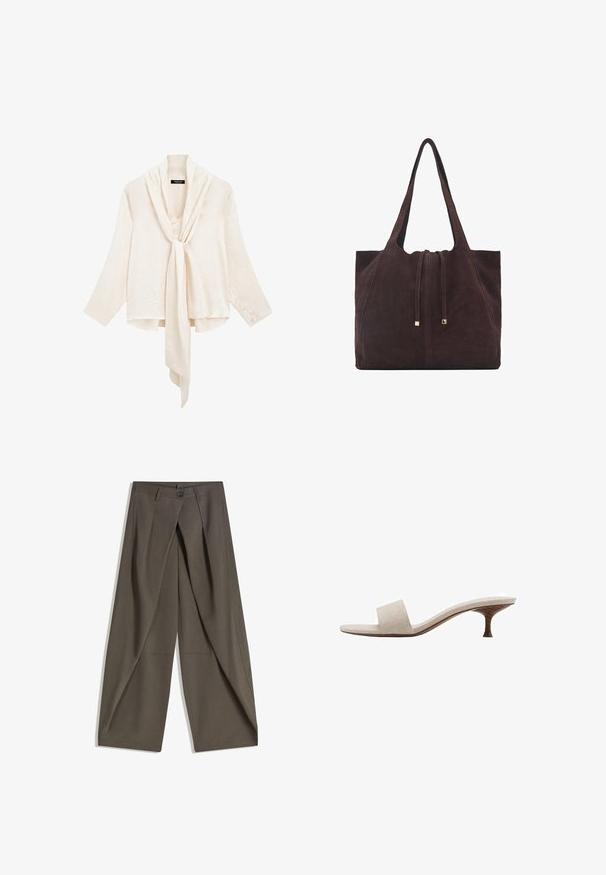 Bílá, lehká blůza s dlouhými rukávy a předním vázáním. Obsahuje drapovaný límec a texturovanou tkaninu pro zvýšení detailu.; Kalhoty s širokými nohavicemi vyrobené z texturované tkaniny tmavě šedé barvy. Obsahují přední záhyb, zapínání na knoflík a boční kapsy pro praktičnost.; Sanda ly bez podpatku s béžovým tkaným svrškem, otevřenou špičkou a zakřivenou dřevěnou podešví. Design má hladký povrch a minimalistický tvar.; Mango Velká kabelka - dark brown
