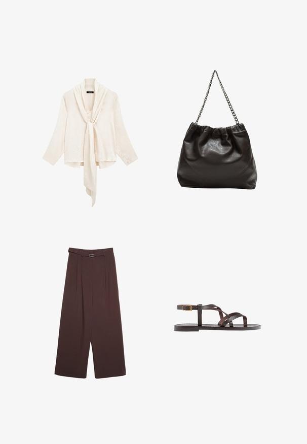 Blusa bianca, leggera, con maniche lunghe e nodo frontale. Presenta un colletto drappeggiato e un tessuto testurizzato per un tocco di dettaglio in più.; Stradivarius WIDE-LEG WITH BUCKLE DETAIL - Pantaloni - dark brown; Sandal in pelle marrone con cinturini incrociati, chiusura con cinturino alla caviglia e suola piatta con dettagli di cucitura minimi.; Borsa in pelle marrone con parte superiore arricciata e tracolla a catena. Texture liscia con finitura lucida e dettagli di cucitura sottili sui lati.
