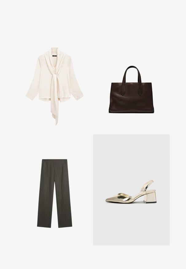 Hvid, let bluse med lange ærmer og frontknude. Har en draperet krave og tekstureret stof for ekstra detaljer.; Mørkegrå, vidde benbukser lavet af tekstureret stof, med to sidelommer og en ren frontfold. Enkel, skræddersyet design.; Guld, metalliske slingback-hæle med spids tå og kraftig hæl. Glat tekstur, minimalistisk design og en smal strop.; Brun læder tote bag med to forlængede håndtag, struktureret rektangulær form, glat overflade og subtile syninger.