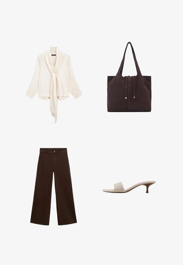 Hvid, let bluse med lange ærmer og frontknude. Har en draperet krave og tekstureret stof for ekstra detaljer.; Brune viddebukser i en bomuldsblanding, med en frynset kant, frontknaplukning og klassisk fem-lomme design. Minimalistiske og alsidige.; Hæl-løs sandal med en beige vævet stofoverdel, åben tå og buet træsål. Designet har en glat tekstur og minimalistisk form.; Mango Shopping bags - dark brown