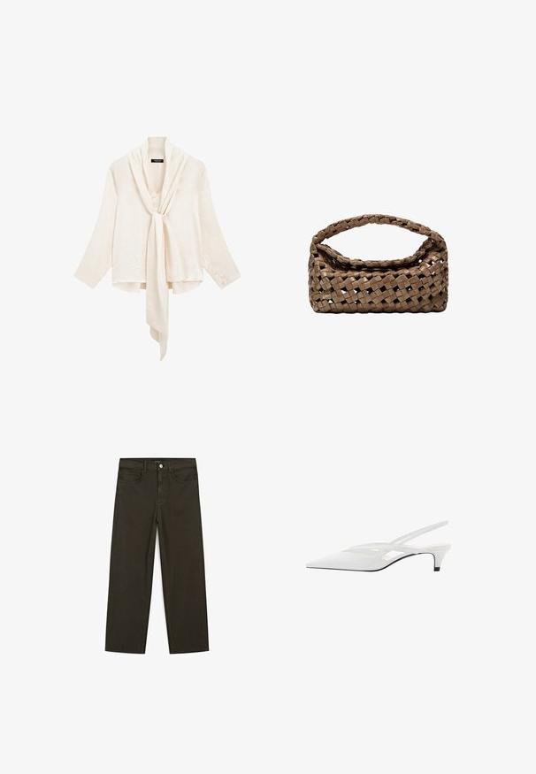 Weiße, leichte Bluse mit langen Ärmeln und einer Vorderband. Sie hat einen drapierten Kragen und einen strukturierten Stoff für zusätzliche Details.; Dunkelgrüne Jeans im weit geschnittenen Style, hergestellt aus einem Baumwollgemisch. Sie verfügen über einen Frontknopfverschluss, fünf Taschen und klassische Denim-Nähte.; Weißer Slingback-Absatzschuh mit spitzer Zehenpartie, featuring ein glattes Obermaterial, subtile Ausschnitte und einen niedrigen Blockabsatz. Die schwarze Sohle betont das Design.; Geflochtener brauner Handtasche in rechteckiger Form, mit strukturiertem Griff und texturierter Oberfläche. Verfügt über einen geschlossenen oberen Teil und ein ausgeklügeltes Geflechtmuster.
