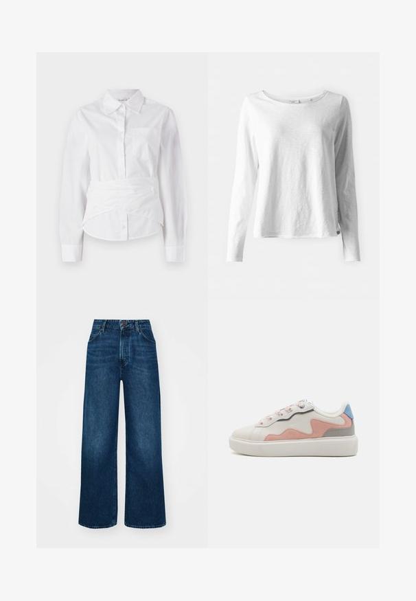 Vit långärmad skjorta med krage, framknappning, liten bröstficka och en insvängd design vid midjan. Slät bomullstyg.; Vit långärmad T-shirt i mjukt, lätt tyg; har en rund halsringning och en något avslappnad passform; etikett synlig på sidan.; Hög midja, vida jeans i mörkblå denim med en smidig textur, kontrasterande sömmar och femficksdesign. Frontknäppning.; Låga sneakers med ett vitt syntetiskt ovandel, rosa och grå mockadetaljer, strukturerad vit gummisula och färgglada snören.