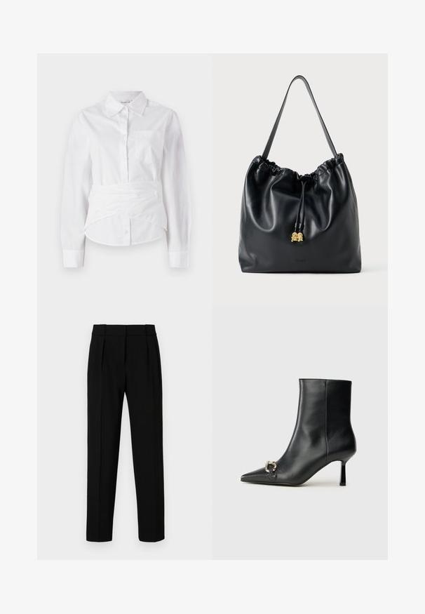 Cămașă albă cu mâneci lungi, cu guler, nasturi pe față, buzunar mic la piept și un design înfășurat la talie. Fabrică din bumbac neted.; Pantaloni negri personalizați, cu o croială dreaptă, față pliată, țesătură lucioasă și talie medie. Fără buzunare vizibile sau detalii de metal.; Botine negre din piele, cu vârf ascuțit, toc subțire de înălțime medie și detaliu cu cataramă argintie pe lateral, pe un fundal simplu.; Rucsac din piele neagră cu un textură netedă, cu un vârf strâns și accente subtile din aur. Dispune de o singură curea rezistentă și un logo embosat.
