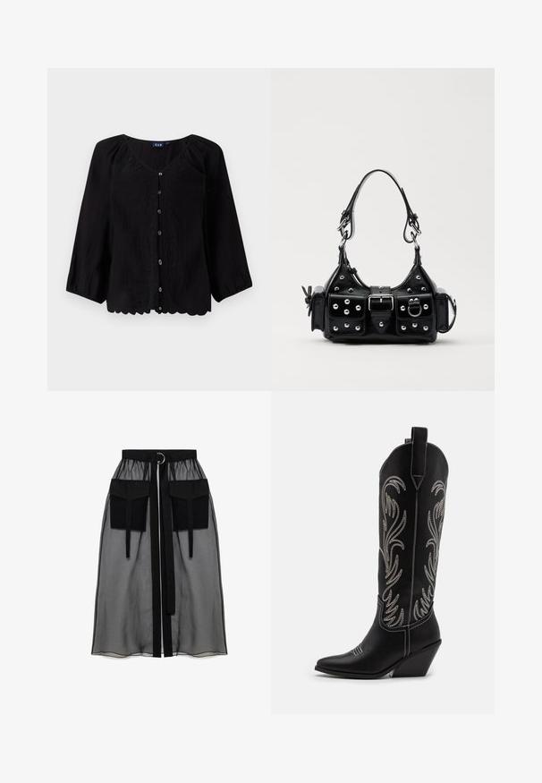 Bluză neagră cu nasturi, cu mâneci trei sferturi, decolteu în V, din țesătură texturată, cu broderie florală pe față. Detaliu cu bordură zimțată.; Fustă neagră transparentă cu un talie plisată, având două buzunare mari în față, un cordon pentru talie și un accent metalic circular.; Bocanci de cowboy din piele neagră, cu vârfuri ascuțite, toc wedge și modele florale brodate cu fir argintiu de-a lungul tijei. Cusături în contrast pe întreaga suprafață.; Geantă de piele neagră cu un design curbat, dotată cu studuri argintii, o cataramă și două buzunare laterale. Curea ajustabilă pentru opțiuni de transport.