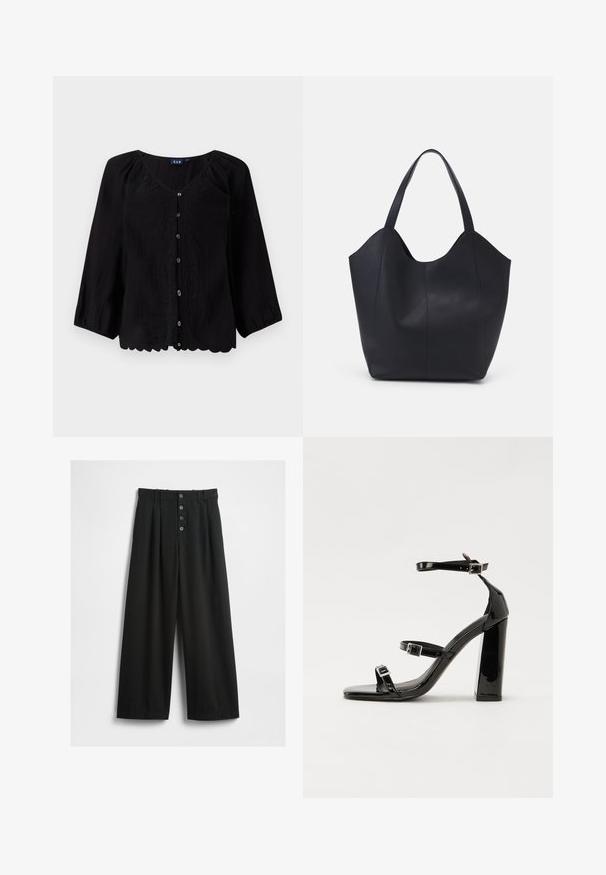 Svart blus med knappar, trekvartslånga ärmar, V-ringning, texturerad tyg och blommig broderi fram. Vågig nederkant.; Vida svarta byxor med vida ben, tillverkade av ett texturerat tyg. Har hög midja, framknäppning med fem knappar och pressade vecken för extra detalj.; Svarta lackerade klacksandaler med fyrkantig tå, ankelremmar och silverfärgade spännen. Har en kraftig blockklack för stabilitet.; Svart tote-väska i slät läder, med en böjd, öppen topp, två axelremmar och en minimalistisk design.