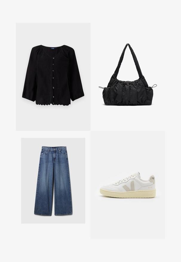 Black button-up blouse with three-quarter sleeves, V-neck, textured fabric, and floral embroidery along the front. Scalloped hem detail.; Wide-leg blue denim jeans with a faded finish, featuring a button and zipper closure, five pockets, and belt loops.; White leather sneaker with beige suede accents, perforated toe box, flat laces, and a textured cream sole. Features subtle branding on heel.; Black fabric handbag with gathered texture, two shoulder straps, and drawstring closure on sides. Smooth, lightweight material.