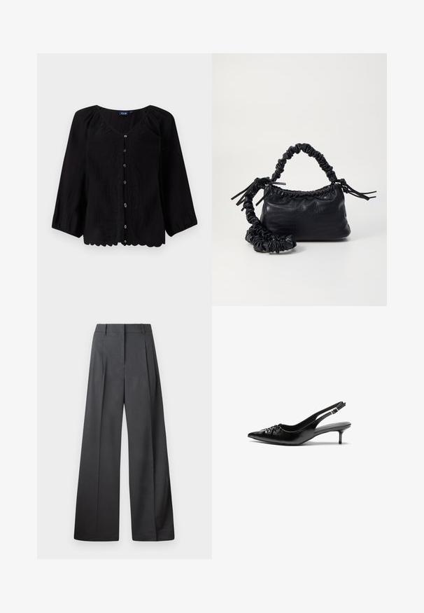 Schwarze Bluse mit Knöpfen, dreiviertel Ärmeln, V-Ausschnitt, strukturiertem Stoff und floralem Stickerei an der Vorderseite. Mit gewelltem Saumdetails.; Weite Hosen aus dunkelgrauem Stoff, mit hoher Taille, einzelnen Falten und einer glatten Textur mit sauberen Abschlüssen an den Säumen.; Schwarze Leder-Slingback-Absätze mit einer spitzen Zehenform, kleinen Kitten-Absätzen und einem dekorativen Knoten-Detail auf der Vorderseite. Glatte Textur über die gesamte Fläche.; Schwarze Handtasche aus Kunstleder mit Krokodilstruktur, gerafftem oberen Teil und einem geschoppten Tragegurt. Sie wirkt weich und kompakt im Design.