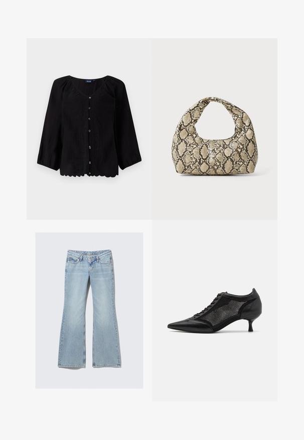 Svart bluse med knapper og trekvart ermer, V-hals, teksturert stoff og blomstermønster langs fronten. Svarte hem detaljer.; Weekday NOVA - Jeans slim fit - lip blue; Svart spiss tå-sko med meshpaneldesign, med lav hæl og snøring foran. Laget av en kombinasjon av lær og meshmateriale.; Veske med slangeskinnmønster og krummet håndtak. Laget av teksturerte, beige og brune materialer, med et særegent diamantmønster.