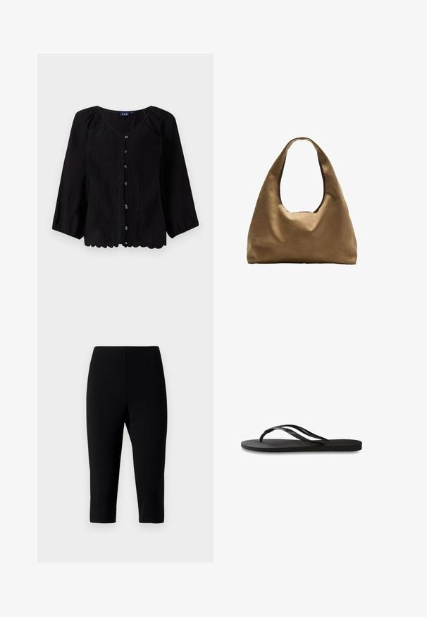 Schwarze Bluse mit Knöpfen, dreiviertel Ärmeln, V-Ausschnitt, strukturiertem Stoff und floralem Stickerei an der Vorderseite. Mit gewelltem Saumdetails.; Schwarze Caprihosen aus dehnbarem Material, mit einem figurbetonten Design, das knapp unter dem Knie endet, einer glatten Textur und ohne sichtbare Nähte.; Schwarze Flip-Flops mit einer strukturierten Gummisohle, zwei schlanken Riemen und einem dezenten, geprägten Logo-Detail auf dem Riemen.; Braune Stoffschultertasche mit einem breiten, runden Körper und einem großen Ausschnittgriff. Sanfte Textur, minimalistisches Design und keine sichtbaren Beschläge.