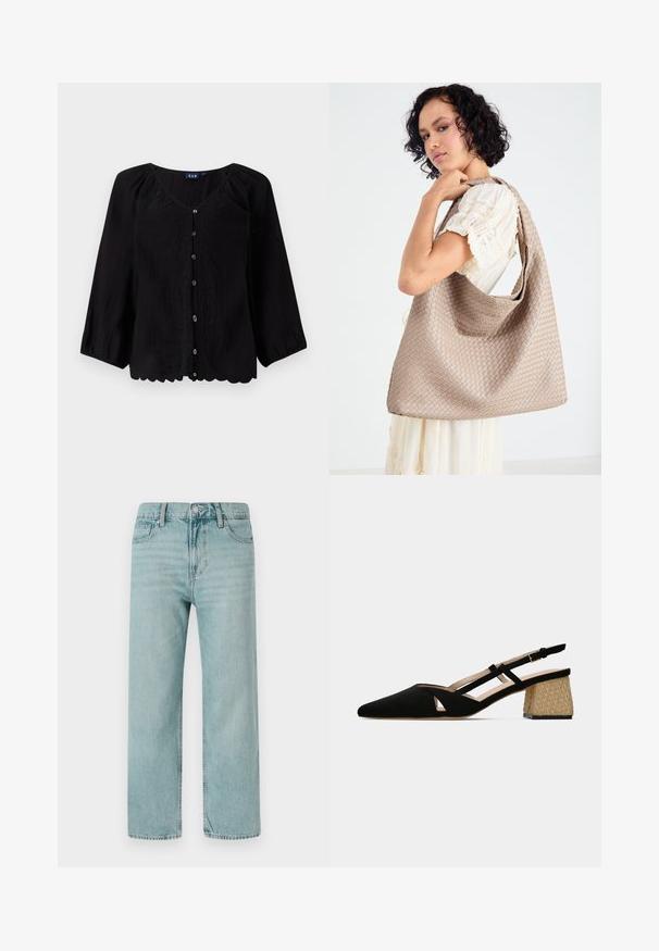 Melna pogu blūze ar trim ceturtdaļām piedurknēm, V-veida kaklu, teksturētu audumu un ziedu izšuvumiem gar priekšpusi. Malu detalizācija ar viļņotām malām.; Gaiši zili platās kājas džinsi, izgatavoti no denima, ar klasisku piecu kabatu dizainu, tīrām līnijām un regulāru vidukli ar pogu aizdari.; Melnas zamšādas siksnīšu kurpes ar norādītu pirkstu un izgriezumu dizainu. Ievērojama ar zemu, teksturētu salmu papēdi papildus detaļām un stabilitātei.; Austa bežā auduma soma ar mīkstu dizainu un vienu pleca siksnu. Virsma rotāta ar teksturētu rakstu.