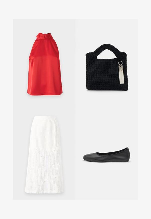 Rode satijnen haltertop met een hoge halslijn, een gladde textuur en zijsplitten. Heeft een eenvoudig, elegant ontwerp zonder versieringen.; Gehaakte witte midi rok met een textuurpatroon met verticale lijnen en uitsparingen nabij de zoom. Elastische tailleband. Zacht materiaal.; Zwarte leren ballerina met een ronde neus, gladde textuur, minimale stikdetails en een flexibele zoolontwerp.; Won Hundred MARSIELLE COMPUTER BAG UNISEX - Laptoptas - black