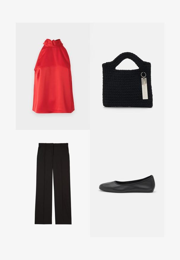 Top halter in satin rosso con un colletto alto, texture liscia e spacchi laterali. Presenta un design semplice ed elegante senza decorazioni.; Pantaloni neri su misura realizzati in un tessuto liscio, con un design a gamba dritta e due tasche laterali. Costruzione elegante e minimalista.; Pantofole da balletto nere in pelle con punta arrotondata, texture liscia, dettagli di cucitura minimi e design con suola flessibile.; Won Hundred MARSIELLE COMPUTER BAG UNISEX - Borsa porta PC - black